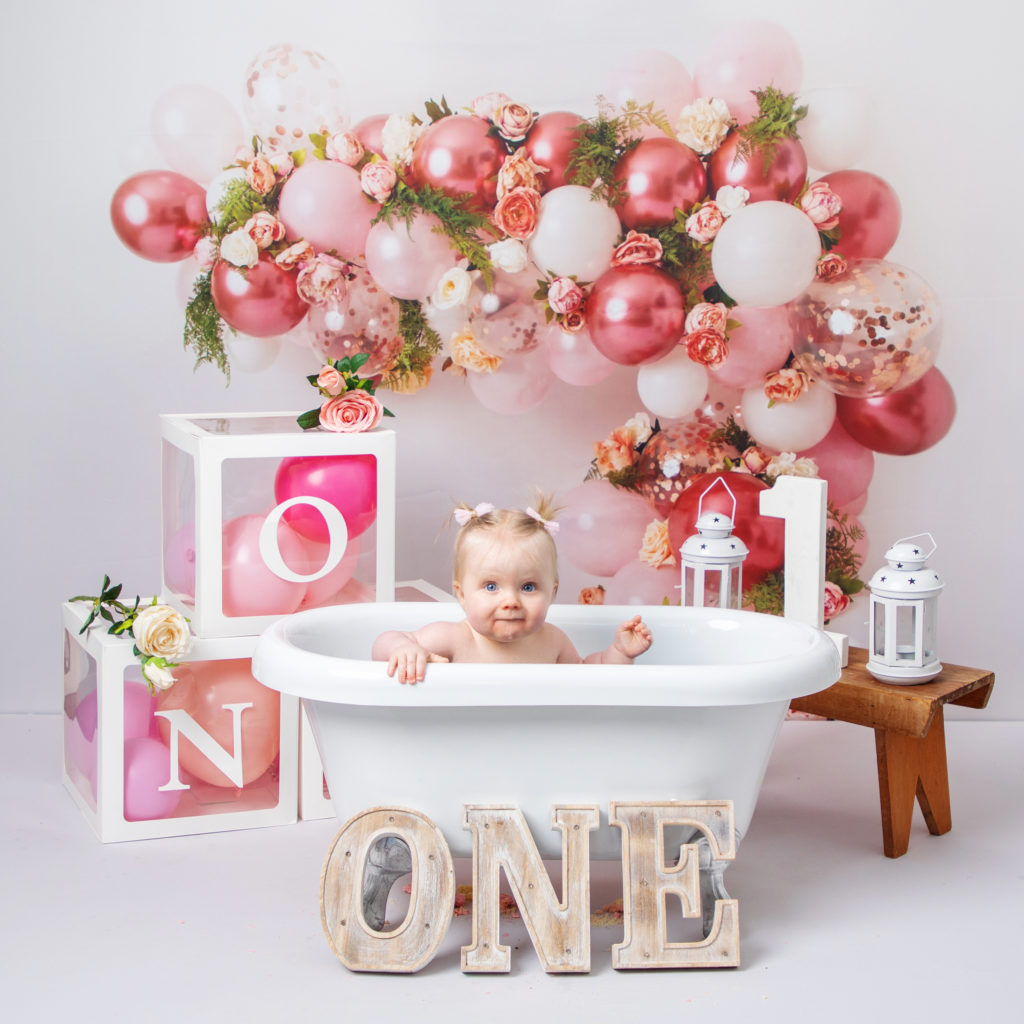 1st Birthday pink bath Cake Smash Photography taken by a profession photographer in her studio in Whitchurch Hampshire