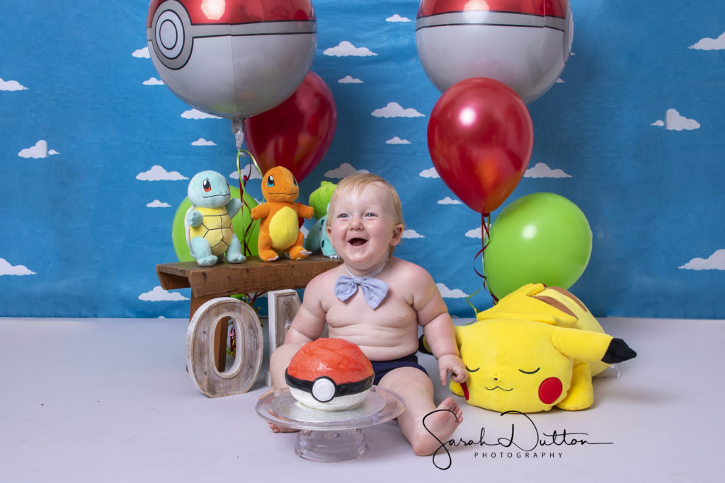 Pokemon Cake Smash Photography taken by a profession photographer in her studio in Whitchurch Hampshire